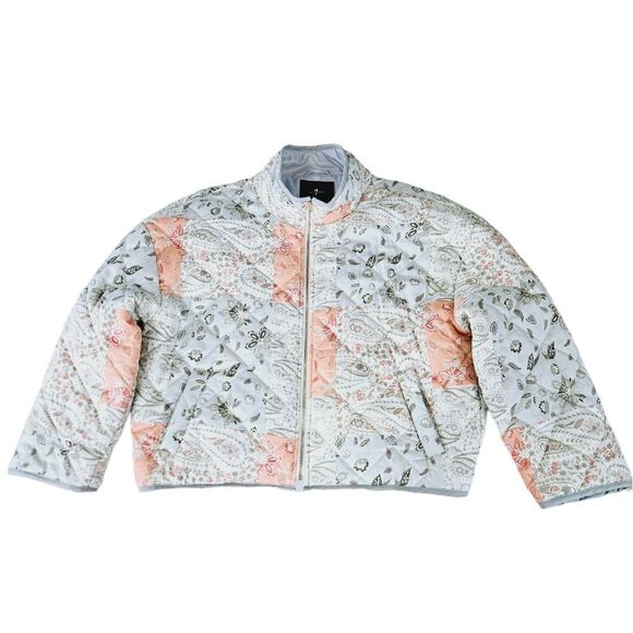 7 for All Mankind Quilted Paisley Pastel Patchwork Zip Up Puffer Jacket Coat L - Picture 4 of 13